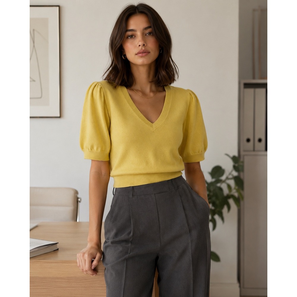 Feller Yellow V-Neck Puff Sleeve Sweater